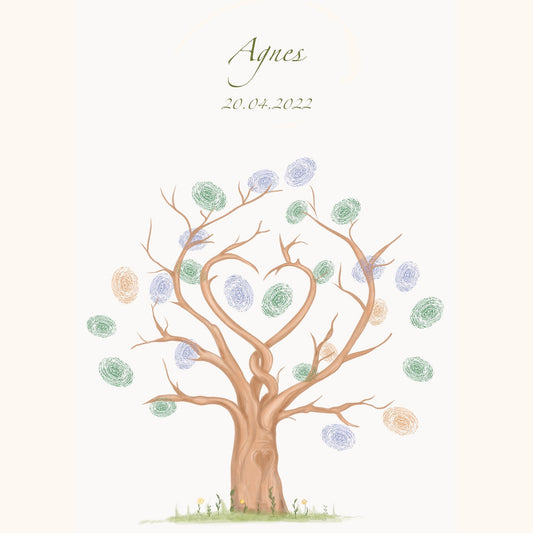 Gæstetræ Til Barnedåb - Hjerteformet Træ - Med Navn & Dato - Lille Plakat